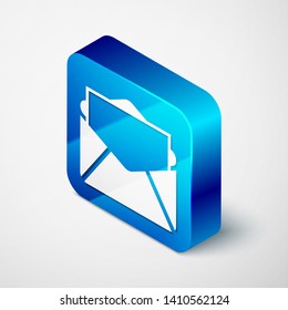 Isometric Mail and e-mail icon isolated on white background. Envelope symbol e-mail. Email message sign. Blue square button. Vector Illustration