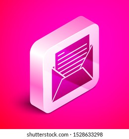 Isometric Mail and e-mail icon isolated on pink background. Envelope symbol e-mail. Email message sign. Silver square button. Vector Illustration