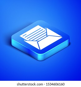 Isometric Mail and e-mail icon isolated on blue background. Envelope symbol e-mail. Email message sign. Blue square button. Vector Illustration