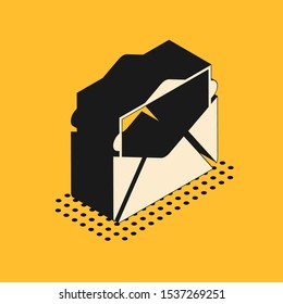 Isometric Mail and e-mail icon isolated on yellow background. Envelope symbol e-mail. Email message sign.  Vector Illustration