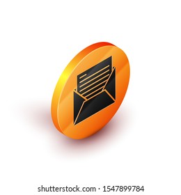 Isometric Mail and e-mail icon isolated on white background. Envelope symbol e-mail. Email message sign. Orange circle button. Vector Illustration