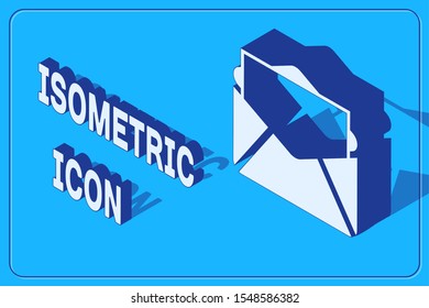 Isometric Mail and e-mail icon isolated on blue background. Envelope symbol e-mail. Email message sign.  Vector Illustration