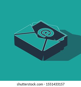 Isometric Mail and e-mail icon isolated on green background. Envelope symbol e-mail. Email message sign.  Vector Illustration