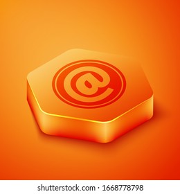 Isometric Mail and e-mail icon isolated on orange background. Envelope symbol e-mail. Email message sign. Orange hexagon button. Vector Illustration