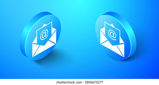 Isometric Mail and e-mail icon aislado en fondo azul. Correo electrónico con símbolo de sobres. Señal de mensaje de correo electrónico. Botón de círculo azul. Vector.