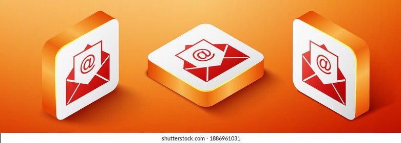 Isometric Mail and e-mail icon isolated on orange background. Envelope symbol e-mail. Email message sign. Orange square button. Vector.