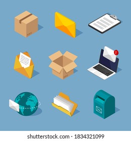 Isometric mail iconos set. Diferentes símbolos postales. Imágenes isométricas de buzón, sobre de correo electrónico, cartas y otros carteles de correo. Ilustración vectorial aislada en fondo azul.