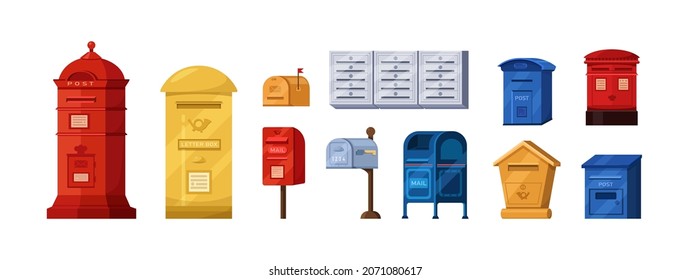 Conjunto de buzones isométricos. Buzón de correo para cartas en papel para la entrega de correspondencia de periódicos. Contenedores modernos retro para correspondencia de envío de papel posterior al servicio. Recibir el vector plano de comunicación de correo