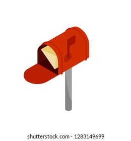 Isometric mailbox vector illustration. Vintage red mailbox with the letter inside isolated on white background.