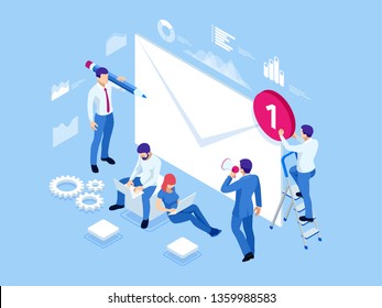 Isometric mailing list or mailing services. Online marketing and communication. Electronic mail message concept as part of business marketing.