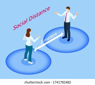 Isometric Maintain A Social Distance Of 2 M In Public Due To A Pandemic Covid-19. Preventing Coronavirus Covid-19 With People Keeping A Circular Distance Concept.