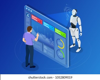 Isometric Maintenance Engineer Working With Digital Display. Robot Programming