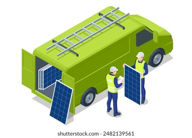 Isometric Maintenance and repair, Technician inspection and repair solar cell. Environmental impact, Energy access, Energy independence, Innovations in solar energy, Panel installation