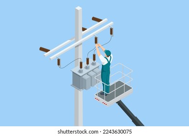 Isometric maintenance of voltage transformer, repair of power lines, work at height in helmets on crane in cradle. Electric Energy Factory Distribution Chain.