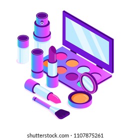 Isometric makeup cosmetics accessories  Different instruments for professional makeup: blush  lipstick  foundation    eye shadow vector set