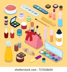 Isometric Make-up Cosmetics Products. Lipstick Mascara Nail Polish Brush. Vector flat 3d illustration