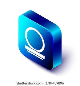Polvo de maquillaje isométrico con icono espejo aislado en fondo blanco. Botón cuadrado azul. Ilustración vectorial