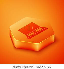 Isometric Makeup powder with mirror icon isolated on orange background. Orange hexagon button. Vector