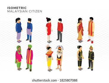 Isometric Malaysian Citizen in Traditional Outfits