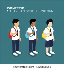 Estudiante de primaria malaya isométrica con uniforme escolar