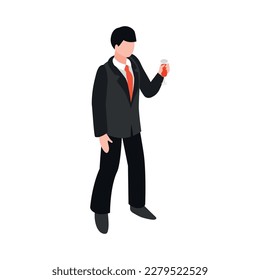 Isometric male banquet reception dinner party guest with glass of red wine 3d vector illustration