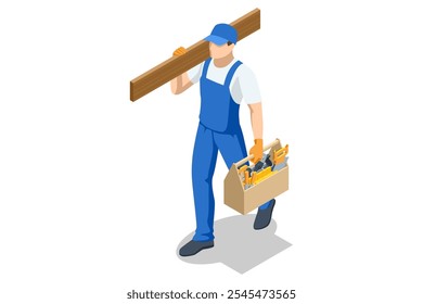 Isometric male carpenter carries wooden beams on his shoulder and holds a wooden toolbox with a set of carpentry tools in his hand. Woodworking tools