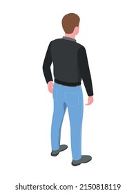 Isometric Male Character Of Biker In Jeans And Black Jacket Back View Vector Illustration