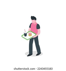 isometric male  character having lunch, Isolated vector isometric illustration