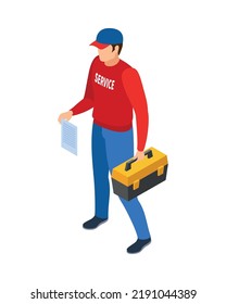 Isometric Male Character Of Serviceman With Tool Kit 3d Vector Illustration