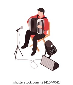 Isometric Male Character Of Street Musician Playing Accordion Outdoors With Microphone And Speaker Vector Illustration