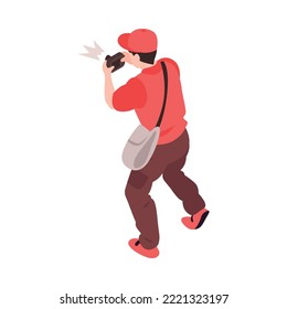 Isometric male character of tourist taking photo on camera back view 3d vector illustration
