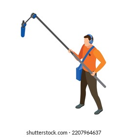 Isometric male character of tv boom operator with microphone and headphones 3d vector illustration