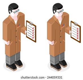 Isometric male with checklist. Supervisor with check list. Supervisor. 