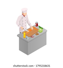 Isometric male chef isolated on white. Chef in uniform cooking in a commercial kitchen.