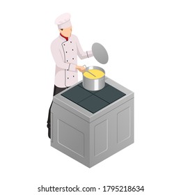 Isometric male chef isolated on white. Chef in uniform cooking in a commercial kitchen.