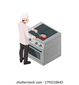 Isometric male chef isolated on white. Chef in uniform cooking in a commercial kitchen.