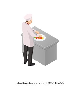 Isometric male chef isolated on white. Chef in uniform cooking in a commercial kitchen.