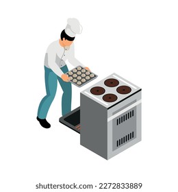 Isometric male chef putting baking tray with pastry into oven 3d vector illustration
