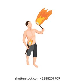 Isometric male circus fire eater vector illustration