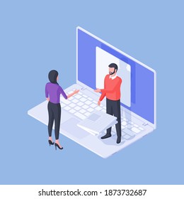 Isometric male expert with pile of documents consulting female employee using laptop and doing project remotely isolated on blue background