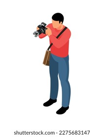 Isometric male faceless human character of photographer with camera 3d vector illustration