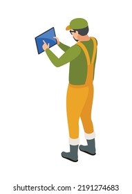 Isometric male farmer with tablet using smart farming technology back view 3d vector illustration