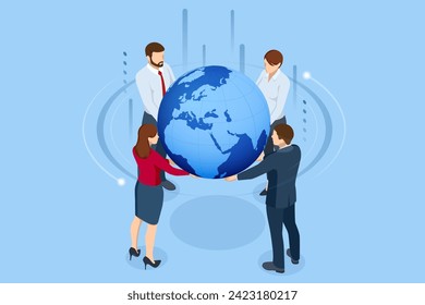 Isometric Male and female colleagues. Group of Business People. Global business, the team around the globe. International project.