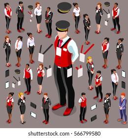 Isometric Male Female Person Hotel Staff Isolated Meeting Infographic. 3D Isometric Waiter Person Staff Icon Set. Creative Design Vector Illustration Collection