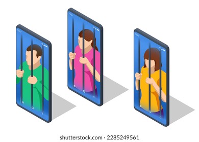 Isometric male and female prisoner, trapped in the phone. Pathological addiction to social networks, videos, news. The persons have got phone addiction, FOMO, and device bad habit.