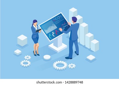 Isometric male in front of the big screen for data analysis. Statistics and business statement, Analytics dashboard, business analysis concept