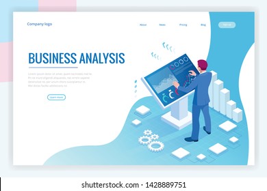 Isometric male in front of the big screen for data analysis. Statistics and business statement, Analytics dashboard, business analysis concept