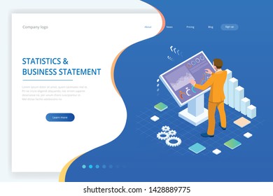 Isometric male in front of the big screen for data analysis. Statistics and business statement, Analytics dashboard, business analysis concept