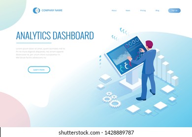 Isometric male in front of the big screen for data analysis. Statistics and business statement, Analytics dashboard, business analysis concept