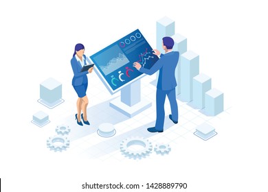 Isometric male in front of the big screen for data analysis. Statistics and business statement, Analytics dashboard, business analysis concept